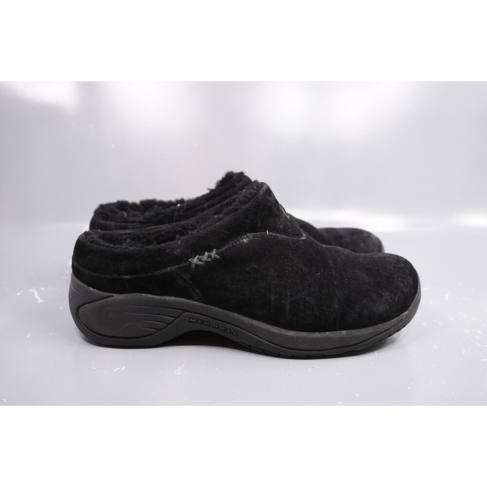 Merrell Encore Ice Womens SZ 7 Black Suede Sherpa Lined Slip On Clogs Shoes